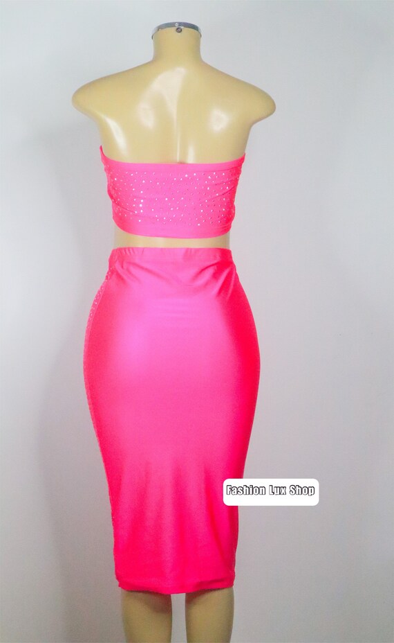 Neon Two-piece Strapless Rhinestone Body Con mini skirt and crop top| two piece set women, midi skirt, two piece set, Neon pink party dress