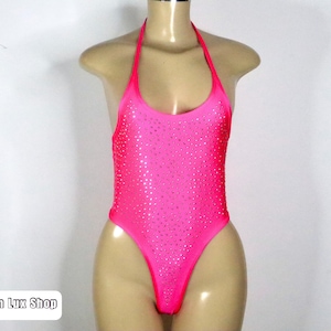 Traje de baño de una pieza de thongkini rosa / traje de baño de una pieza de bikini de tanga, traje de baño de una pieza de tanga, traje de baño de tanga de una pieza, traje de baño de Rhinestone