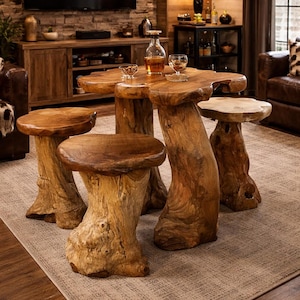 May include: A rustic living room set featuring a large, organically shaped wooden coffee table and several matching stools. The furniture has a natural, unfinished look, with visible wood grain and unique shapes. The set is placed on a neutral-toned rug.