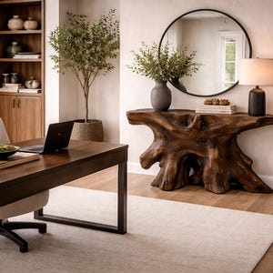 May include: A home office featuring a dark brown wooden desk with a black laptop and a beige upholstered chair. A console table made from a large, natural tree root base sits against the wall, topped with a gray vase, greenery, and a lamp.
