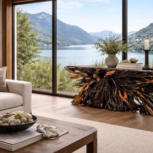 May include: A console table constructed from a dark, charred-looking tree root base with a flat, smooth top surface. The base features intricate, gnarled wood textures in deep black and natural light brown tones, supporting a rectangular tabletop.
