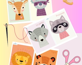 Tier-Fantasie-Nähkarten für Kinder PDF – 3 druckbare Nähkarten – Montessori-Aktivitäten für einfache Nähworkshops