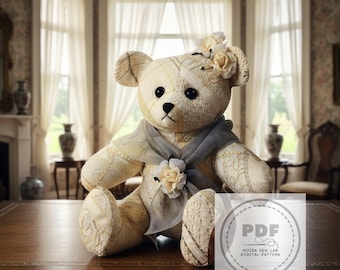 Patrón de osito de peluche Shabby Chic en PDF | Tutorial de osito de peluche victoriano de recuerdo | Costura creativa con encaje y bordado de estilo vintage