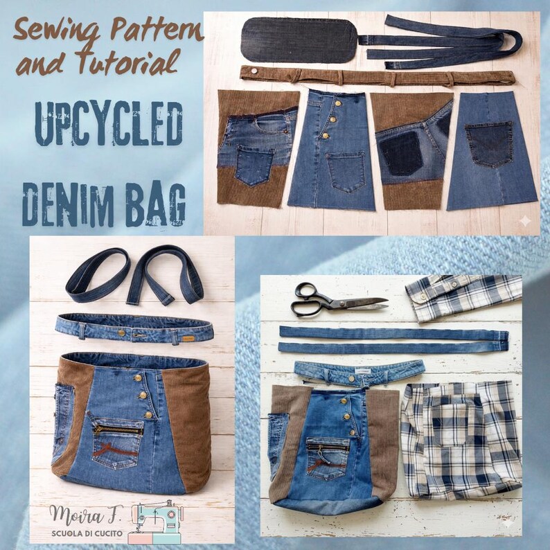 Denim Mosaic Trapeze Tote Sewing Pattern | Upcycled Denim Bag PDF ...