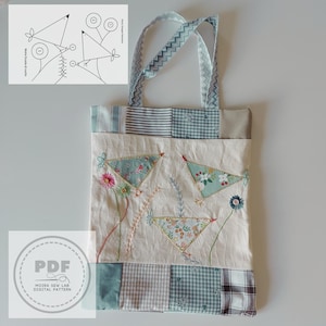 Puede incluir: Bolso tote color crema con dise&ntilde;o floral bordado. El bolso presenta un dise&ntilde;o patchwork con varias telas estampadas en azul y blanco. Las asas tienen un patr&oacute;n en zigzag azul claro. Un logotipo PDF es visible en la esquina inferior izquierda.