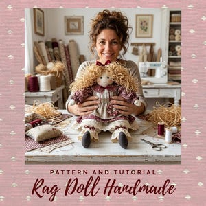 Può includere: Una bambola di pezza fatta a mano con capelli in lana bionda riccia, che indossa un vestito a motivi bordeaux e beige con orlo in pizzo e un piccolo fiocco bordeaux. Il testo recita PATTERN AND TUTORIAL Rag Doll Handmade su sfondo rosa.