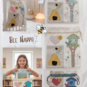 May include: Cream-coloured drawstring bag with a patchwork design featuring a heart, sunflower, bee, and birdhouse. The bag has a drawstring closure. The text "Bee Happy" is also visible.