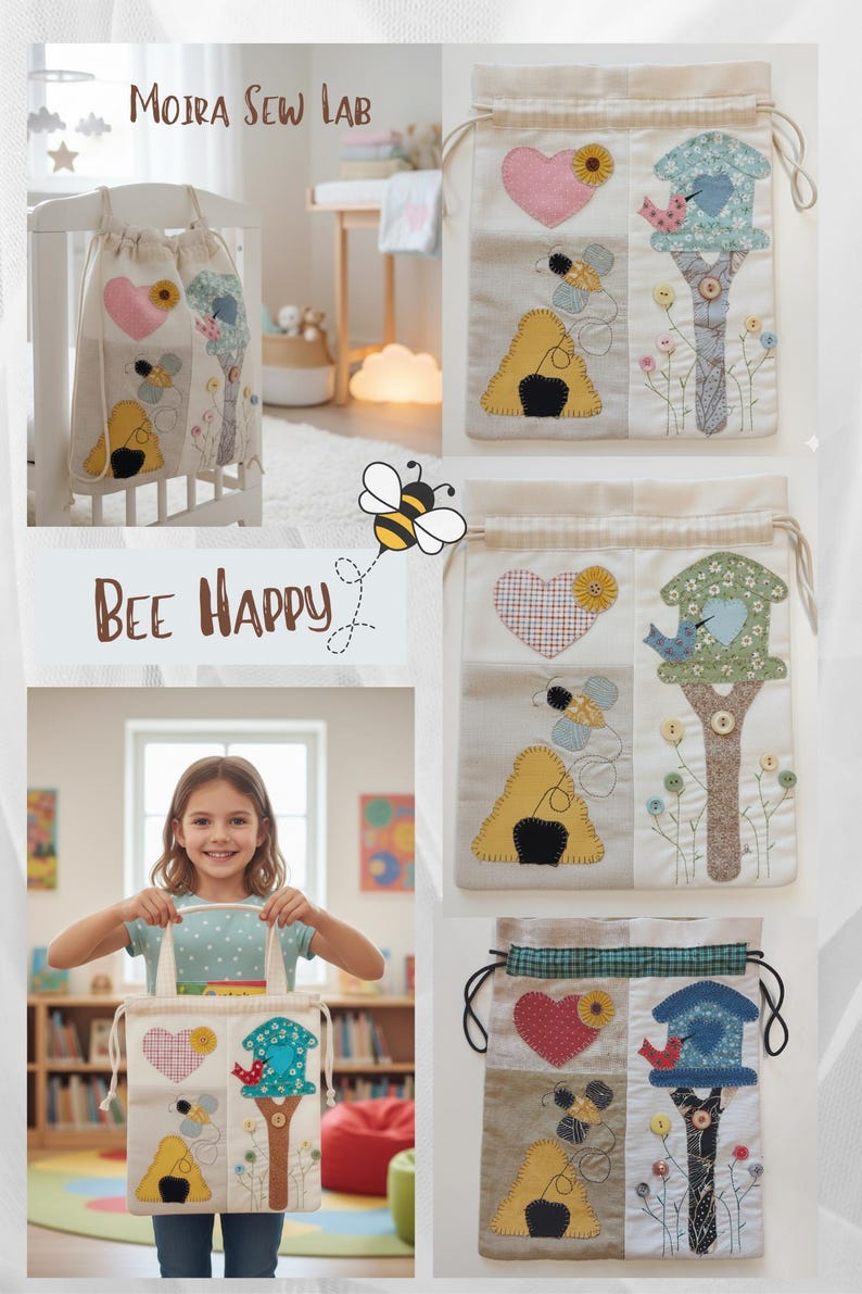 May include: Cream-coloured drawstring bag with a patchwork design featuring a heart, sunflower, bee, and birdhouse. The bag has a drawstring closure. The text "Bee Happy" is also visible.