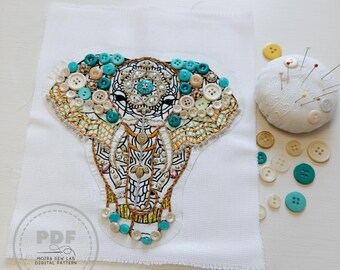 Digitaler PDF-Druck: Elefanten-Mandala – Kreative Knopfstickerei | DIY-Dekoprojekt – Idee zum Recycling von Knöpfen und Perlen.