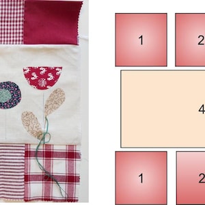 Puede incluir: Un coj&iacute;n floral hecho a mano con flores de tela aplicadas en rojo, azul y beige. El coj&iacute;n est&aacute; rodeado de varias telas estampadas rojas y blancas, incluyendo rayas y cuadros. El dise&ntilde;o es una mezcla de texturas y patrones.