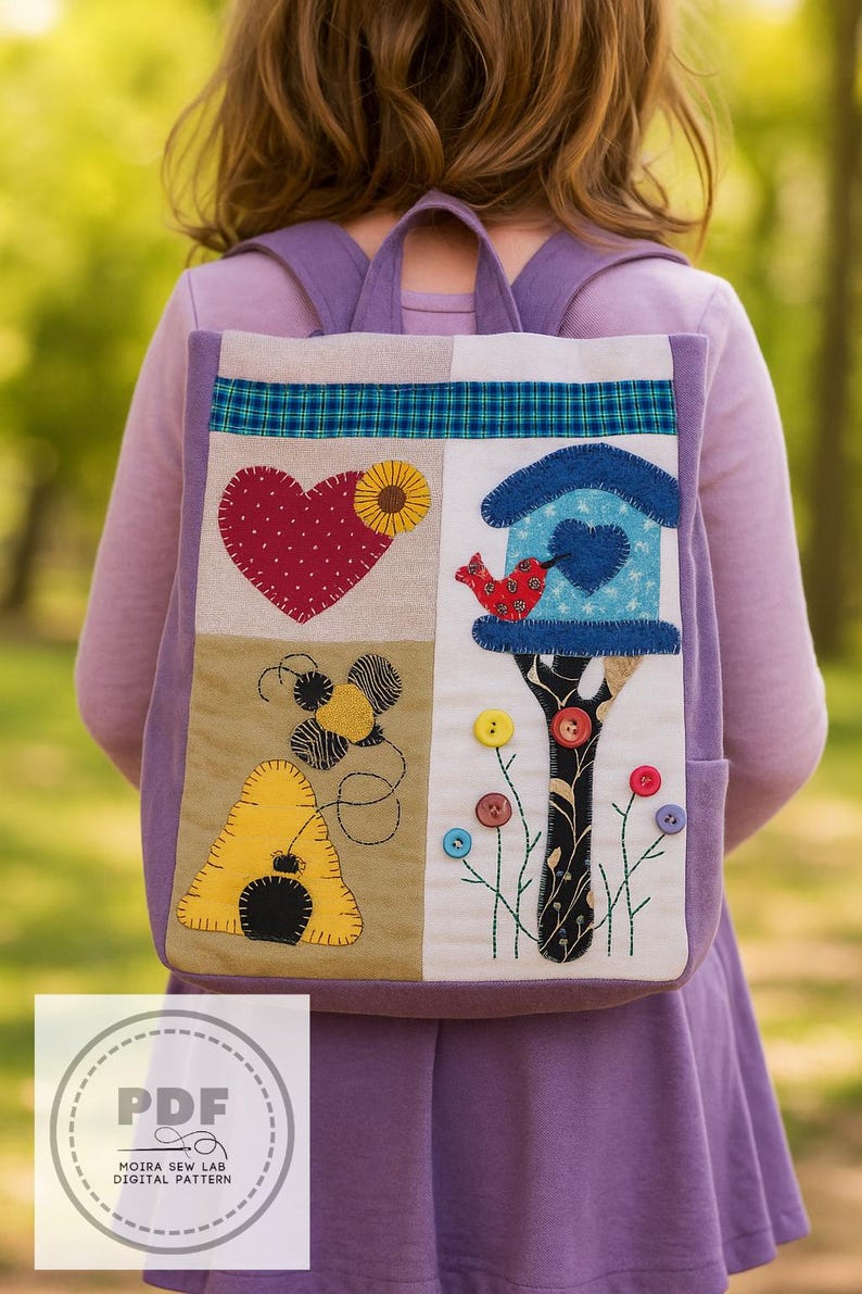 May include: A patchwork backpack with a whimsical design. The front features a heart, sunflower, birdhouse, bee, and beehive appliqu&eacute;s. The backpack has a purple exterior and a plaid fabric accent at the top. The design includes colourful buttons and embroidered details.