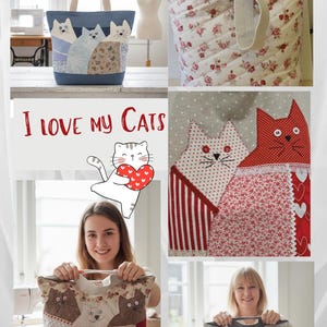 Può includere: Un collage di borse tote fatte a mano con disegni di gatti. Una borsa è in denim con applicazioni di gatti, un'altra ha un motivo floreale e altre presentano varie toppe di tessuto a tema gatto. È visibile anche il testo "I Love My Cats".