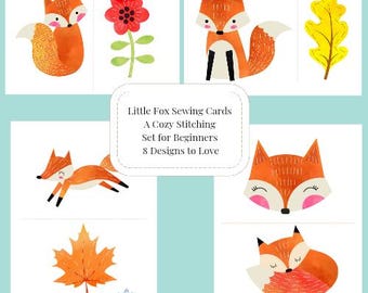 Kreative Nähaktivität für Kinder! Digitales PDF mit 8 illustrierten Fuchskarten, ideal für die Schule und Feinmotorik-Workshops.