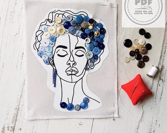 Digitales Knopfstickmuster – Damendruck + Anleitung zur Bildübertragung und illustriertes Tutorial zum Anbringen eines Knopfes (3 PDFs)