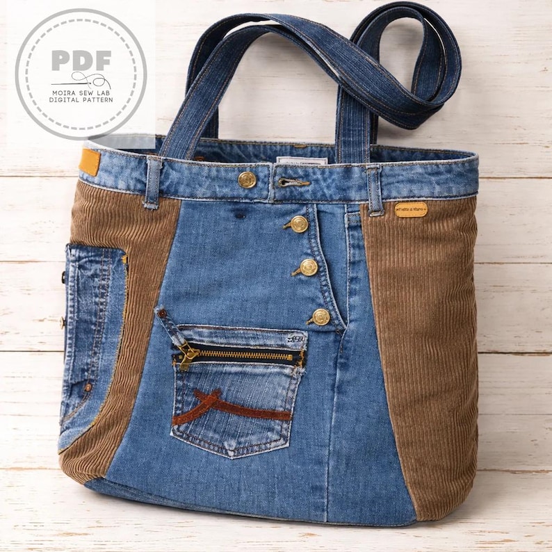 Denim Mosaic Trapeze Tote Sewing Pattern | Upcycled Denim Bag PDF ...