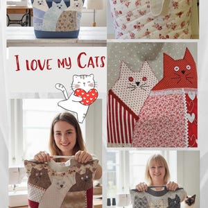 May include: A fabric tote bag featuring patchwork cat designs with button eyes and embroidered whiskers. The bag displays various patterns including floral, striped, and polka dot fabrics. The text "I love my Cats" is printed in red.