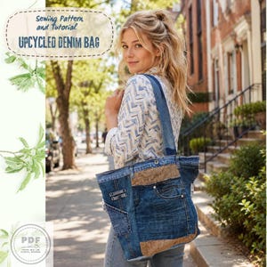 Könnte beinhalten: Ein Schnittmuster und eine Anleitung für eine Upcycling-Jeanstasche. Die Tasche besteht aus blauem Jeansstoff mit braunen Cord-Akzenten und weist sichtbare Taschen und Nähte auf. Der Text lautet: Sewing Pattern and Tutorial UPCYCLED DENIM BAG.