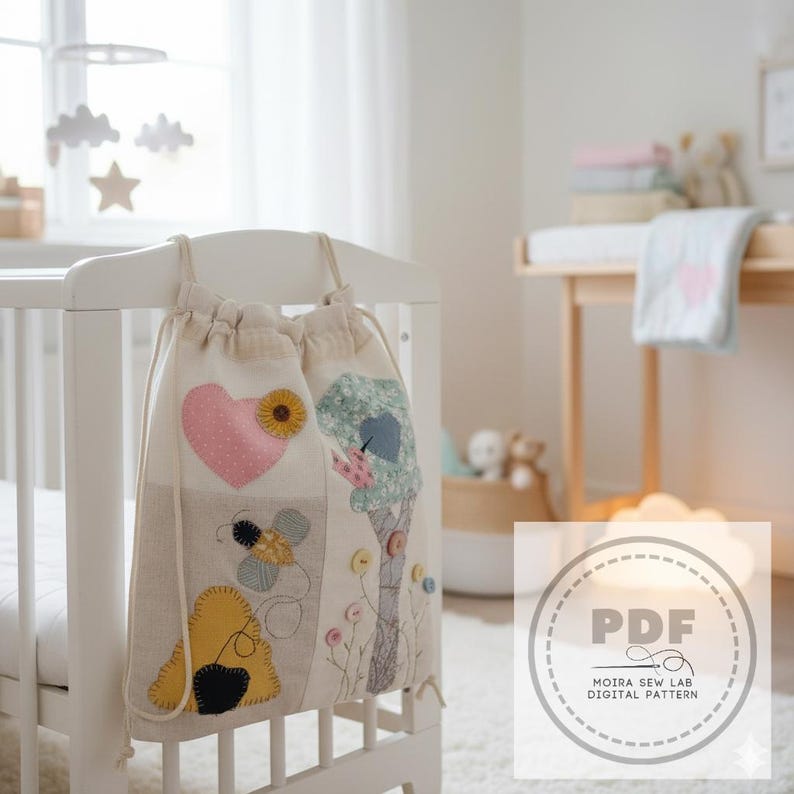 May include: A beige and white drawstring bag with appliqued designs of a pink heart, sunflower, bee, and tree. The bag is hanging on a white cot. The bag has a soft, handmade appearance, perfect for a nursery.
