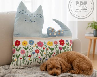 Kinderzimmer Schnittmuster PDF – Katzenkissen mit Tasche + Mehrzwecktasche – Kreative Nähanleitung mit Reißverschluss und Jeansvarianten