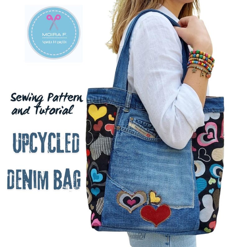 Denim Mosaic Trapeze Tote Sewing Pattern | Upcycled Denim Bag PDF ...