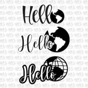 May include: Black and white graphic design with the word "Hello" written three times in a stylized font. Each word is paired with a black silhouette of the Earth, with the continents outlined in white.