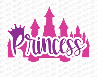 May include: Pink castle silhouette with a purple crown and the word "Princess" in purple script.