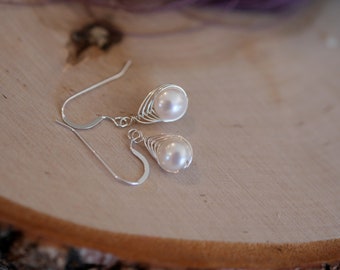 Sterling Silver Pearl Earrings – Wire Wrapped Pearl Earrings – Natural Pearl Earrings – Freshwater Pearl Earrings – Pearl Dangle Earrings