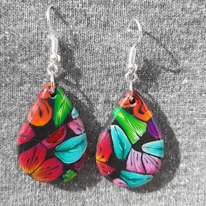 FIMO earrings, earrings with floral pattern * Polymer Clay with glitter flower pattern
