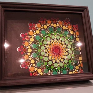 Mandala Picture * Canvas * Dot Painting * Red * Yellow * Green * Framed