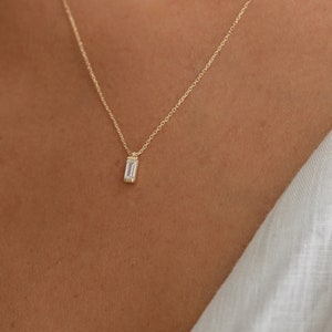 14k Solid Gold Baguette Cubic Zirconia Solitaire Minimalist Necklace