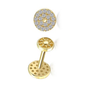14K Solid Gold Pave Piercing, Minimalist Tragus Piercing, Gold Stud Piercing, Stud Ear Piercing, Circle Stud Earring, Pave Round Piercing