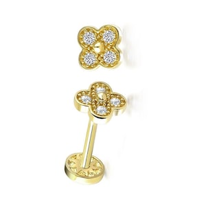 14K Solid Gold Flower Gemstone Piercing, Minimalist Tragus Piercing, Gold Stud Piercing, Flower Stud Earring, Flower Gemstone Piercing