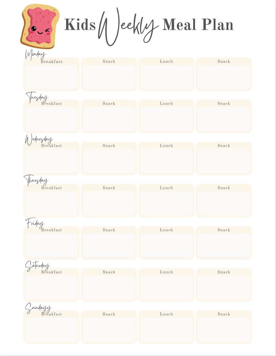 Printable Daily Meal Plan for Kids, Kids Meal Planner, Planner, PDF