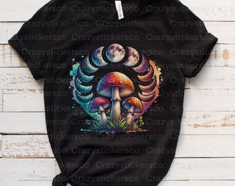 Mushrooms and moon phases mystical watercolor mushrooms PNG , mushroom lover sublimation commercial digital files