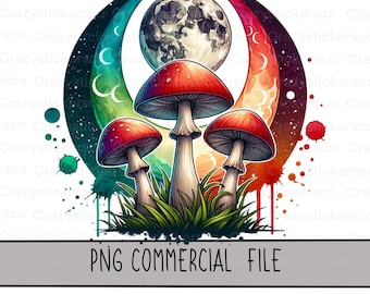 Mystical watercolor mushrooms under the moon PNG , mushroom lover sublimation commercial digital files