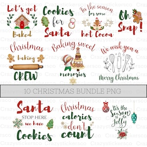 May include: A set of ten digital Christmas-themed illustrations featuring various holiday-related phrases and images. The illustrations include a gingerbread house, a snowman, a gingerbread man, a Christmas tree, a rolling pin, a whisk, a cookie, and a Christmas ornament. The illustrations are in a watercolor style and have a festive, whimsical feel.