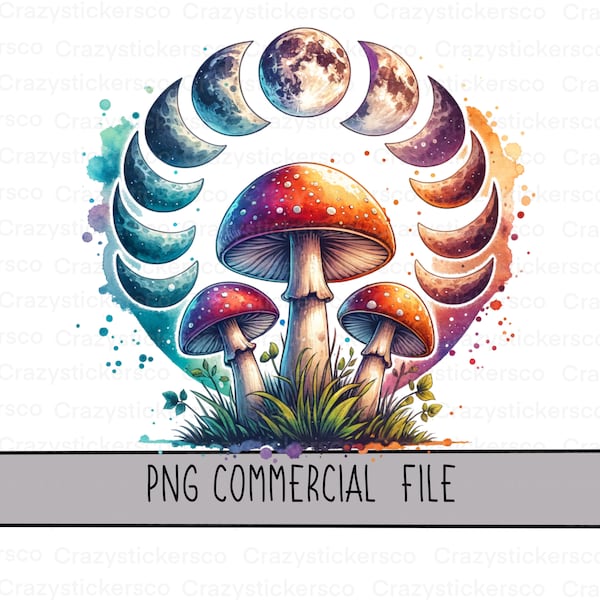 Mystical watercolor mushrooms PNG with moon phases , mushroom lover sublimation commercial digital files