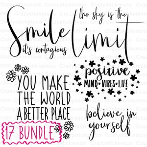 17 bundle SVG di positività, bundle PNG di positività, clipart ispiratrice, bundle di file tagliati con parole, modelli di detti, SVG motivazionali
