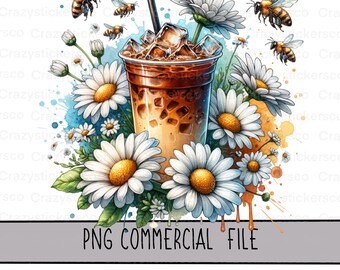Iced Coffee, Daisies & Bees Clipart: PNG Commercial Designs (Digital Download)