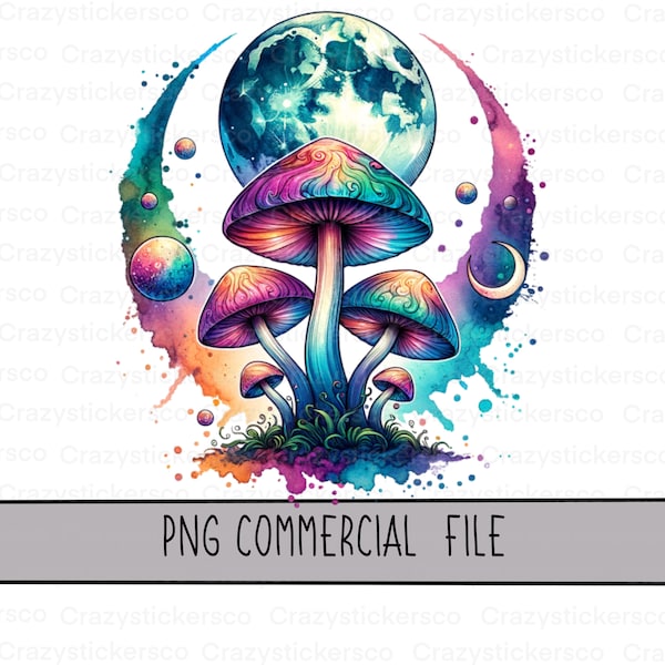 Mystical watercolor mushrooms PNG with crescent moon , mushroom lover sublimation commercial digital files