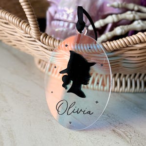 Personalized Witch Silhouette Basket Tag: Iridescent Acrylic Halloween Boo Basket