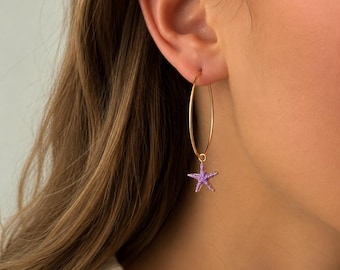 Purple Starfish Hoop Earrings – Gold Plated Coastal Charm Earrings | 30mm Hoops | Beach Jewellery | Summer Earrings | Gift for Her