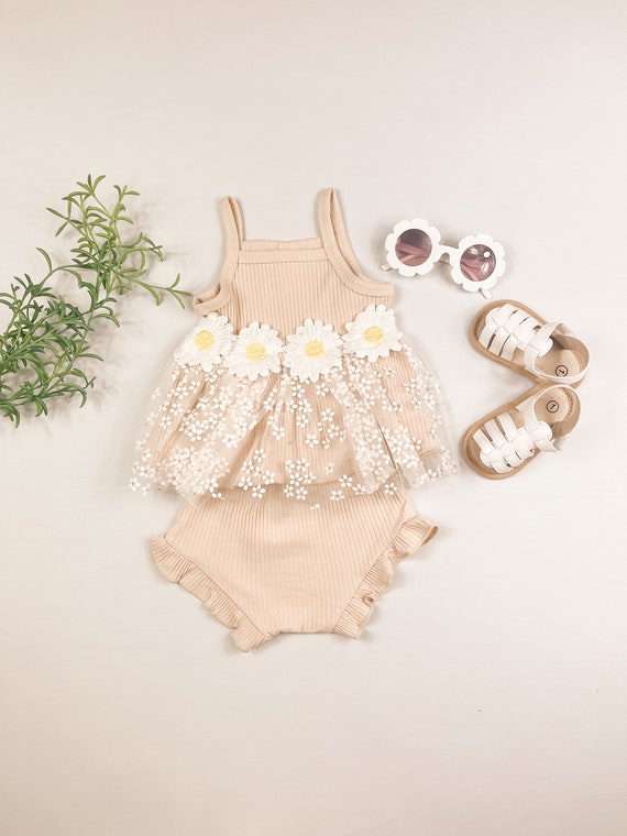 Beige Daisy Tulle Set Baby Girl Daisy Tulle Outfit Baby Girl