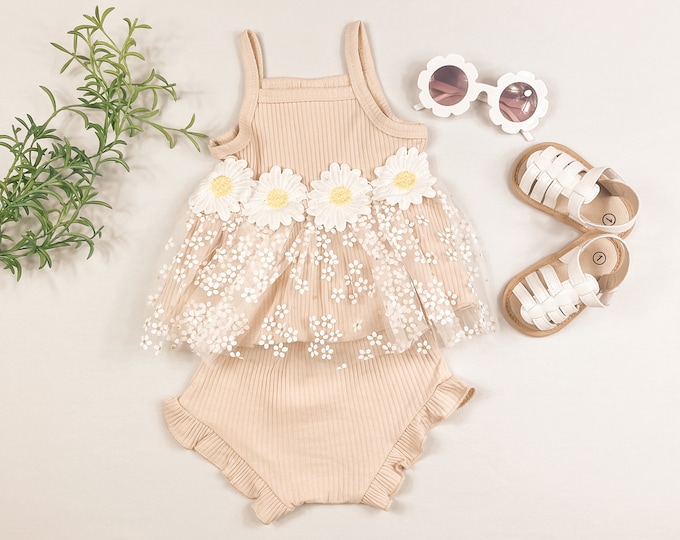 Beige Daisy Tulle Set, Baby Girl Daisy Tulle Outfit, Baby Girl Daisy