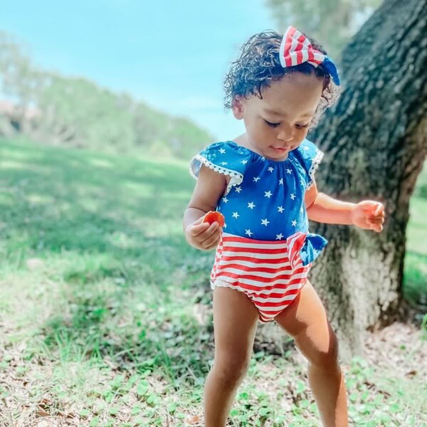 Baby & Toddler Blue Star Top Red Striped Patriotic Romper, 4th of July Romper