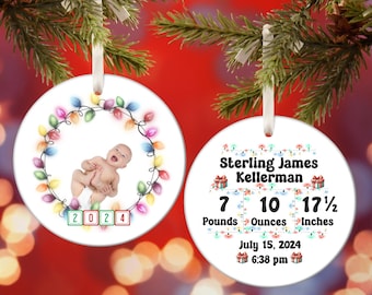 Personalized Baby's First Christmas Ornament, Custom Photo Holiday Keepsake, Birth Stats