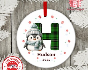 Personalized Name Christmas Ornament, Custom Letter Monogram Penguin Decoration 2026, Ceramic Holiday Keepsake Gift