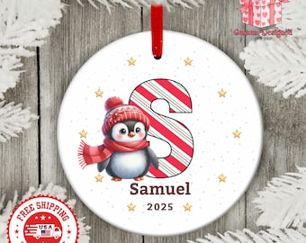 Personalized Name Christmas Ornament, Custom Letter Monogram Penguin Decoration 2026, Ceramic Holiday Keepsake Gift