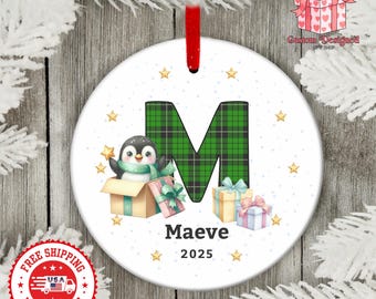 Personalized Name Christmas Ornament, Custom Letter Monogram Penguin Decoration 2026, Ceramic Holiday Keepsake Gift