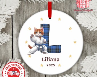 Personalized Name Christmas Ornament, Custom Letter Monogram Kung-Fu Cat Decoration, Ceramic Holiday Keepsake Gift